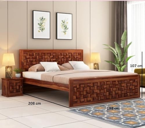 Image of Sheesham Wood 1 Bed Without Storage Solid Wooden Cot Bed Elegant and Functional Bedroom Living Room Home (Honey-Newar, King)