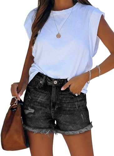Image of onlypuff Women Denim Shorts Ripped Mid Waisted Jean Shorts with Pockets