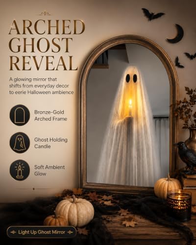 RZGBJYV Light Up Ghost Mirror Novelty Ghost Holding Candle On Mirror Halloween Decorations Indoor Halloween GhostMirror Lighted Holiday Displays Spooky for Wall Table Mantel Room Home Office Party