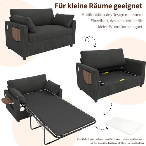 Sofá cama extensible gris de dos plazas con mesa plegable para salones pequeños 6