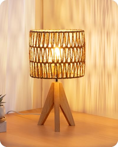 EDISHINE Lampe de Chevet Trépied en Bois Massif, E27 Ampoule de 2700K 4W Incluse, Abat-jour en...