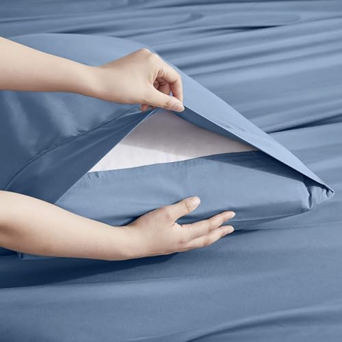 Image of Nestl Extra Deep Split King Sheet Set - 7 Piece Breathable & Cooling Sheets - Hotel Luxury Bedding Set w /18-24 Inch Deep Pockets - Easy & Secure Fit - Super Soft, Wrinkle Free & Comfy - Blue Heaven