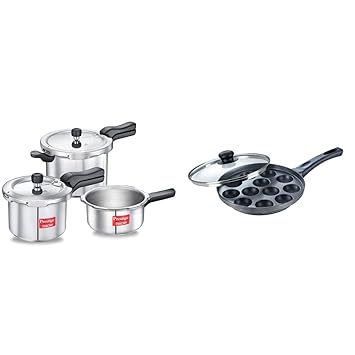 Prestige Svachh Aluminium 2+3+5 Litre Combo Cooker with Induction Base, Omega Select Plus Non-Stick Paniyarakkal with Lid (240 mm, Black)