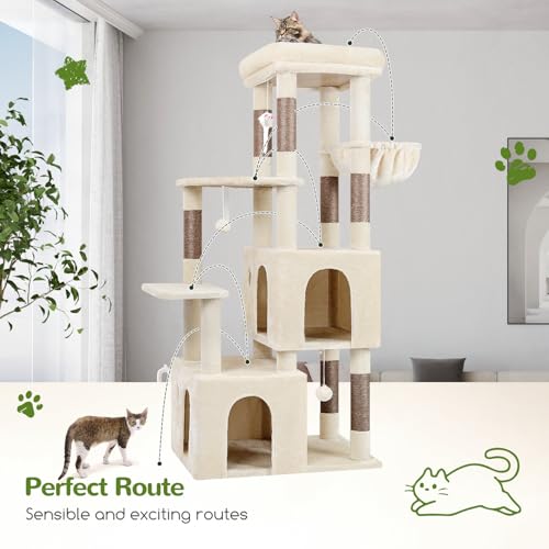 Image of Globlazer Cat Tower for Indoor Cats, Heavy Duty Cat Trees for Large Cats Adult Big Cats Maine Coon Cat Tree Tower with Scratching Post, Extra Large Top Perch, Cat Condos, F61, Beige, 61inch