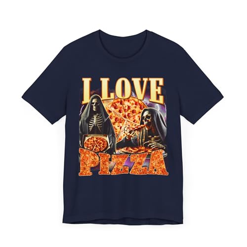 T-shirt squelette I Love Pizza vêtement humour bleu marine unisexe taille 4XL