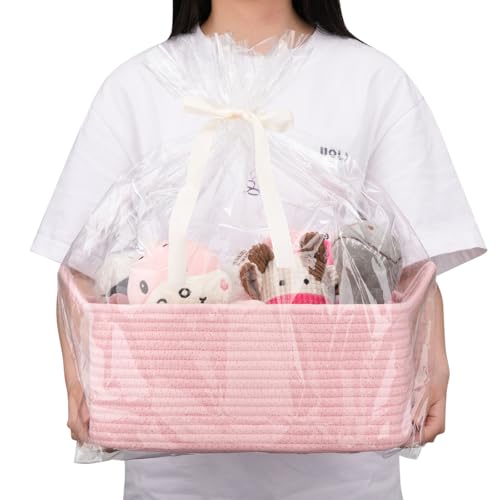 Image of OIAHOMY Woven Basket, Gift Basket Empty with Gift Bags and Ribbons, Rope Baskets for Baby Showers, Storage Baskets with Handles for Nursery, Pet Toy Organizer - Pink