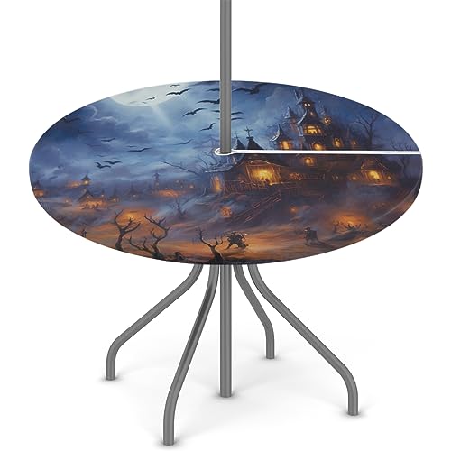 cfpolar Halloween Witch Bats House Outdoor Round Fitted Tablecloth with Elastic Edge, Waterproof Table Cover with Umbrella Hole Table Cloth, for Party Family Dining Fits 45-56 in Diameter Table