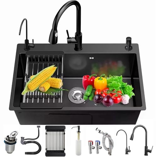 Fregadero de cocina Fregadero negro de acero inoxidable 304 para bar, balcón, bar y cocina con dispensador de jabón, grifo y juego de desagüe (gris oscuro, 50 x 45 cm)