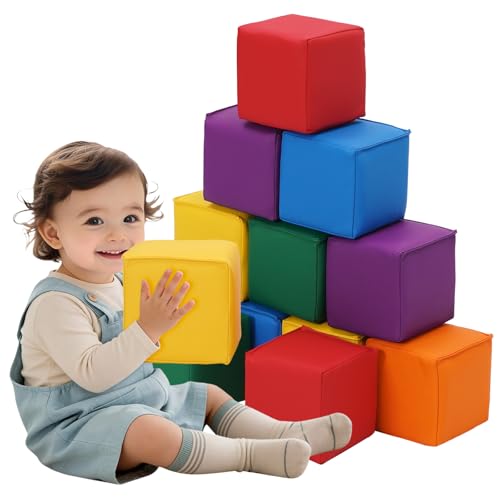YULEYU Mousse Blocs de Construction Souples 12 Pièces 15x15x15cm Multicolore – Jouets pour Tout-Petits de 1 à 3 Ans, Doux et Lisse, Apprentissage Précoce et Développement de la Motricité