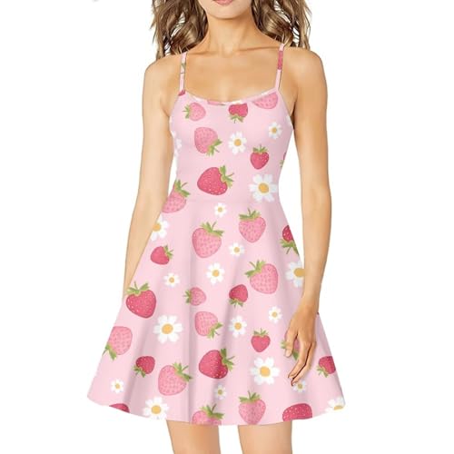 Image of Women's Spaghetti Strap Dress Summer Casual Swing Sundress Girls Beachwear Swing Mini Dress