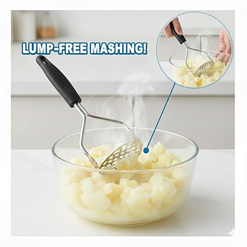 Image of YANCI Potato Masher, Stainless Steel Ricer Kitchen Gadget with Non-Slip Handle, Masher Utensil for Mashed Pav Bhaji, Vegetables, Fruits & Baby Food (Black)