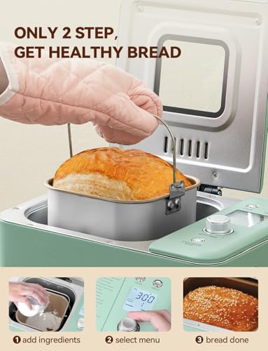 Neretva 20-IN-1 Bread Maker, Dual Heater 2LB Bread Machine Stainless Steel Bread Maker Machine Nonstick Ceramic Pan Compact for Gluten Free/Sourdough/Whole Wheat Bread/Yogurt, Breadmaker-Light Green