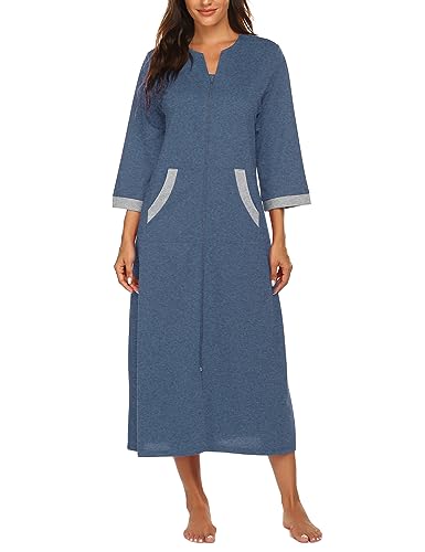 Image of Ekouaer Women Zipper Robe 3 /4 Sleeves Loungewear Full Length Housecoat Long Bathrobe