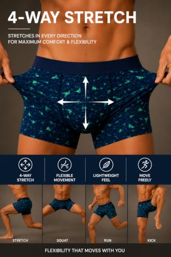 Image of BONO Men Cotton Blend Printed Trunk Combo Anti-Bacterial Moisture Wicking No Marks Stretchable Regular Fit Waistband Underwear Pack of 3 (Darkblue-Multicolor-TurquiseBlue-M)