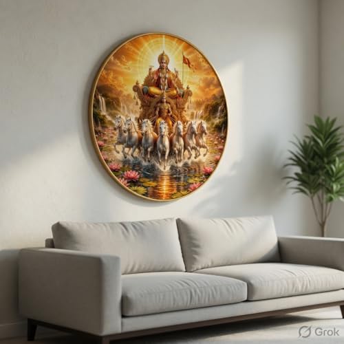 Image of SAF Surya Dev Wall Art with PVC Round Frame | Sparkle Laminated Sun God Chariot Seven Horses Divine Painting | Spiritual Wall Decor for Home Temple Living Room Office Gift Item