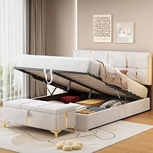 Merax 2-Pieces Bedroom Sets, Queen Size Lift Up Storage Bed, Modern Platform Bed with Storage Ottoman and Upholstered Headboard, Hydraulic Support, Wooden Slat Support, No Box Spring Needed, Beige