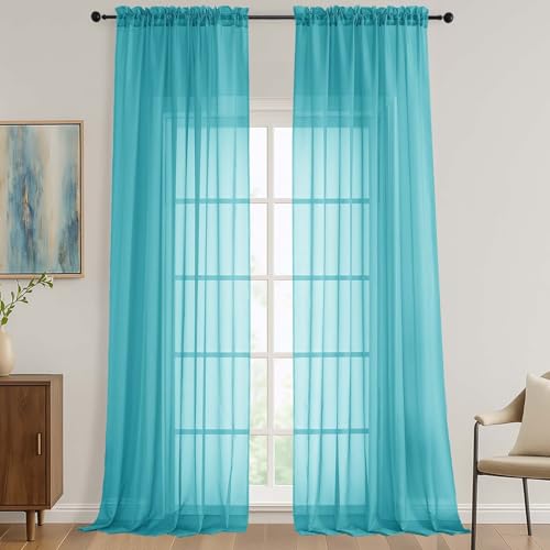 Image of OVZME Sheer Turquoise Curtains 108 Inches Long 2 Panels Set, 59 Inch Extra Wide Lightweight Airy Turquoise Sheer Curtain for Living Room Bedroom, Filmy Voile Rod Pocket, 59Wx108L Inches