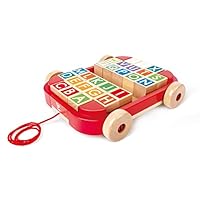 Hape: Pull-Along Cart with Stacking Blocks - Wooden Toy, ABC Letter Blocks, Load Into String Trailer & Take Along, Indoor/Outdoor, Kids Toddler Ages 2+