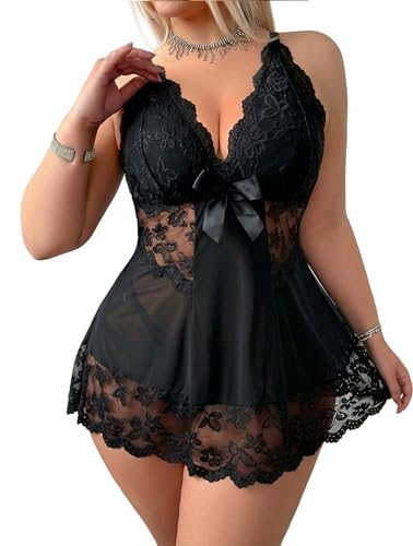 Image of Alrovetoney Women Plus Size Babydoll Lingerie Lace Chemise Mesh Sleepwear Strappy Sexy Nightgown Boudoir Outfit L-4XL