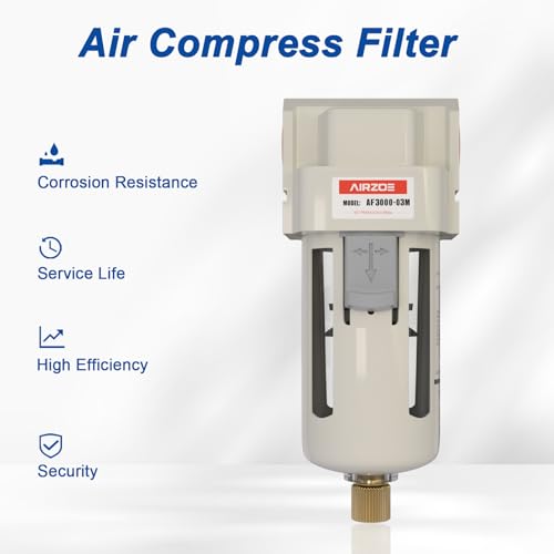 AIRZOE 3/8" NPT Air Dryer for Compressor - Air Compressor Water Separator AF3000-03, Semi-Auto Drain,5 Micron Brass Element, Poly Bowl