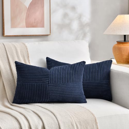 Image of Fancy Homi 2 Packs Navy Blue Lumbar Decorative Throw Pillow Covers 14x24 Inch for Couch, Rustic Farmhouse Boho Home Decor, Soft Striped Corduroy Rectangle Accent Cushion Case 35x60 cm