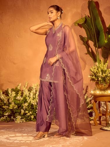 Image of FIORRA Women's Lavender Viscose Chanderi Embroidered Ethnic Straight Kurta Set with Dupatta