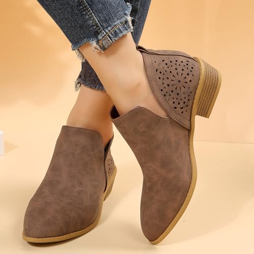 JITUUE Ankle Boots for Women Casual Cut Out Slip On Low Heel Short Chunky Stacked Heel Perforated Side V Cut Western Booties Cutout Shoes(Coffee,US 9 — view 5