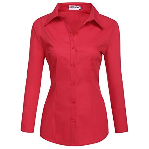 UNibelle Women's Blouse Fitted Shirt Blouse Long Sleeve Work Shirt Basic Business Shirt Plain Stretch Blouse S-XXL - Red - XXL Cover