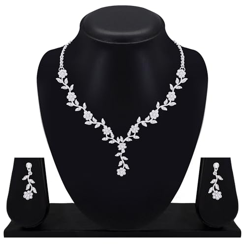 Image of Atasi International American Diamond Style Silver Plated Necklace with Earrings Jewellery Set for Women - Perfect for Party, Wedding, and Engagement