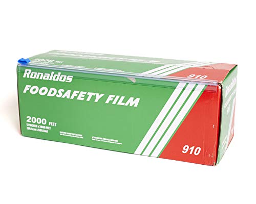Ronaldos Food Safety Film, 12 inches x 2000ft Plastic Wrap, Commercial Grade, Used for Food Service Industry, Great for Sealing and Storage, Easy to Use Slide Cutter for Clean Cut Use (1 Box)