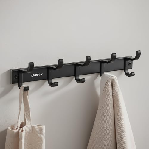 Image of Plantex Aluminum Hook Rail with Movable Hooks for Wall /5 Hooks Hook Rail for Bathroom /Kitchen /Bath Towel Hook /Wall Hooks for Hanging - Pack of 1 (Black)