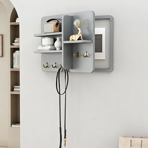 Fuse Box Cover Cabinet, Wall Mounted Fuse Box Cover Cabinet, Wooden with Shelf &amp; Hooks, for Living Room Home Office(Gray-a,55 * 45cm/21.7 * 17.7in)