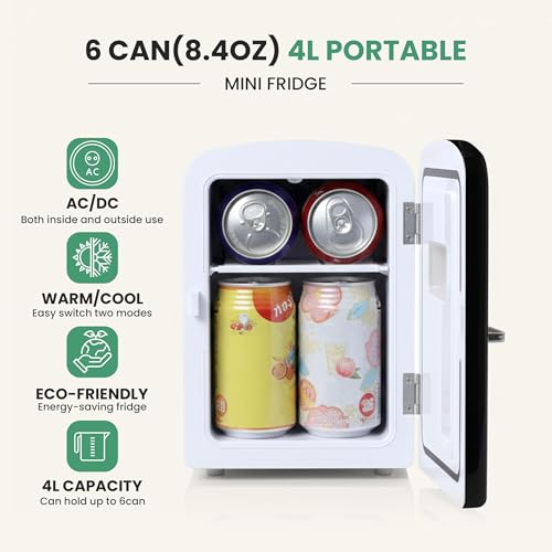 Image of Simple Deluxe 4L 6-Can Portable Mini Refrigerator with Transparent Window, Cooler and Warmer, Freon-Free Compact Fridge for Cosmetics Skincare Beverages Snacks, Black