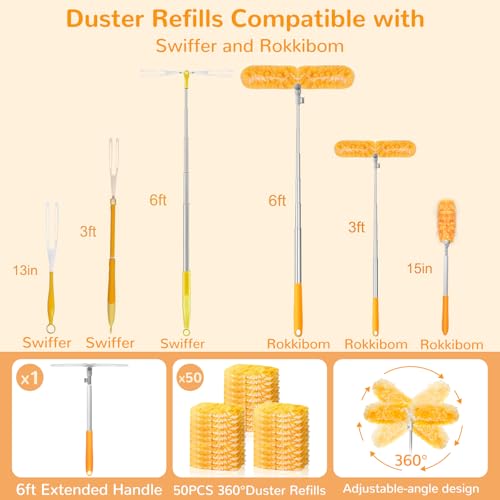 Image of 6 ft Heavy Duty Extendable Duster Handle with 50 Refills for Swiffer Duster, 360 Multi-Surface Dusters with 4X Cleaning Power for Home, Ceiling Fans, Windows, Dusting Hard-to-Reach Areas (Orange)
