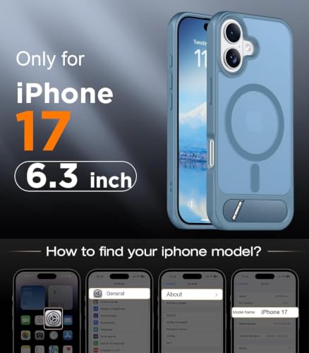 Image of Elzzi Translucent Matte Kickstand Case for iPhone 17, Built-in Adjustable Stand, Translucent Matte Magnetic Mag-Safe Shockproof Phone Cover (Official Blue - Kickstand)