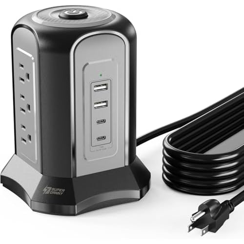 Power Strip Tower Surge Protector, SUPERDANNY Desktop Charging Station, 10 Ft Extension Cord, 9 Outlets, 4 USB Ports, 1080 Joules, 3-Prong, Grounded, Multiple Protections for Home, Office, Black