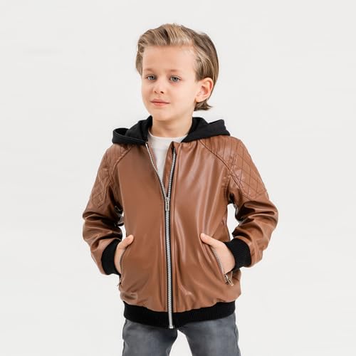 Boys Leather Jacket with Hoodie, Faux Leather Jacket for Kids, Zipper Closure Boys Leather Jacket2