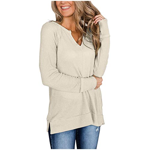 Damen Sweatshirt Streetwear Casual Einfarbig Langarmshirt Lange V-Ausschnitt Pulli Bluse Top Pullover Oberteile Loses mit Rundhalsausschnitt