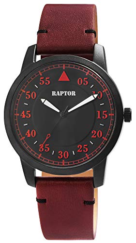 Raptor Herren-Uhr Echt Leder Armband Leuchtende Zeiger Analog Quarz RA20284 (Bordeaux rot/schwarz)