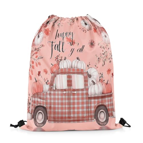 Manfei Autumn Harvest Drawstring Backpack Gym Bag,Happy Fall Grid Truck Cinch Bag,Farmhouse Style Pumpkins Foldable Draw String Back Bag Sports Bag