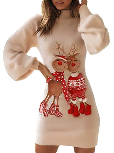 Minetom Damen Weihnachten Pulloverkleid Weihnachtsdruck Strickkleid Tunika Kleid V-Ausschnitt Langarm Rollkragen Minikleid Pullikleid Weihnachtskleid...