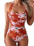 Eomenie Women One Piece Tummy Control Swimsuit Halter Scallop Trim Bathing Suits 1 Piece Vintage Ruched Slimming Swimwear