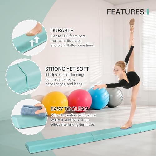 Oteymart 9Ft Folding Gymnastics Balance Beam Extra Firm Foam with Anti-Slip Base Low Floor Walking Beams Bar for Home Training, Exercise, Kids, Adult(Green) - Thumbnail 3