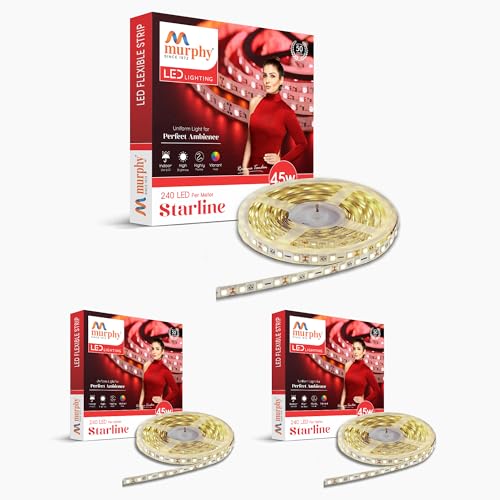 Image of Murphy 45W LED Strip Light 2835 High Lumen 5 Metre (240 LEDs /Mtr) Natural White - 12V DC 10A Driver Included | Cove /False Ceiling /Decor Light (Pack of 3, 1-Year Warranty)