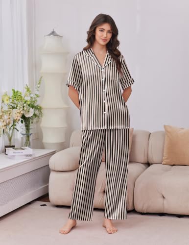 Image of Ekouaer Silk Satin Pajamas for Women Set 2 Piece Short Sleeve Button Up Pjs | Two Side Pockets,Soft Bridesmaid Lounge Set,Bridal Ruffle Sleepwear,Wedding Party,Honeymoon Vacation,Postpartum