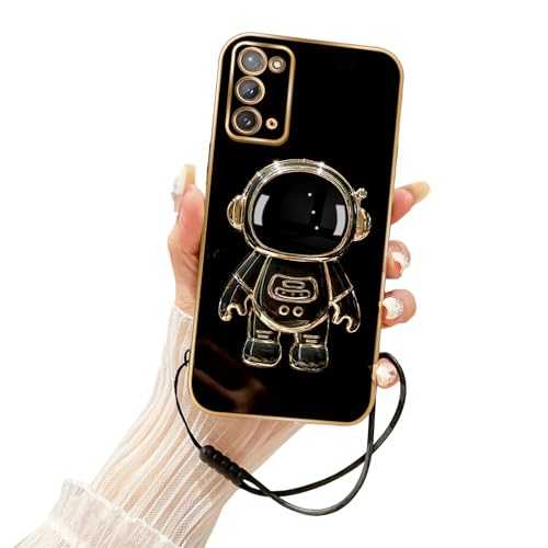 Tesazxcn Case for Samsung Galaxy Note 20 Case with 6D Plating Astronaut Hidden Stand and Lanyard Strap Soft Shockproof Protective Cover Luxury Phone Case for Note 20 5G Case - Black