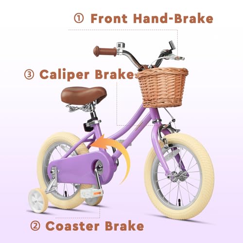 Image of Petimini Vintage Kids Bike for Girls, 12-20 Inch Classic Bicycle with Wicker Basket & Bell, High Tensile Steel Frame, Training Wheels (12-18 inch), 85% Pre-Assembled, Retro Bike for Outdoor Riding