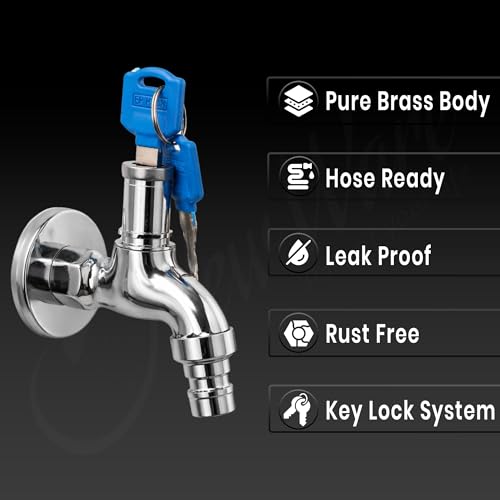 Image of New Ware Lockable Water Tap with Key Brass Pillar Cock with Hose Nozzle Anti Theft Garden Outdoor Faucet for Washing Machine Bathroom Kitchen Tap Connector Heavy Duty Rust Proof Durable Design