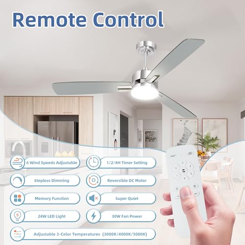 Image of hykolity 52 Inch Modern Nickel LED Ceiling Fan with Light and Remote
