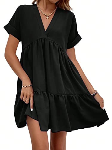 Image of WDIRARA Women's Roll Up Short Sleeve V Neck Ruffle Hem Solid Swing Smock Dress